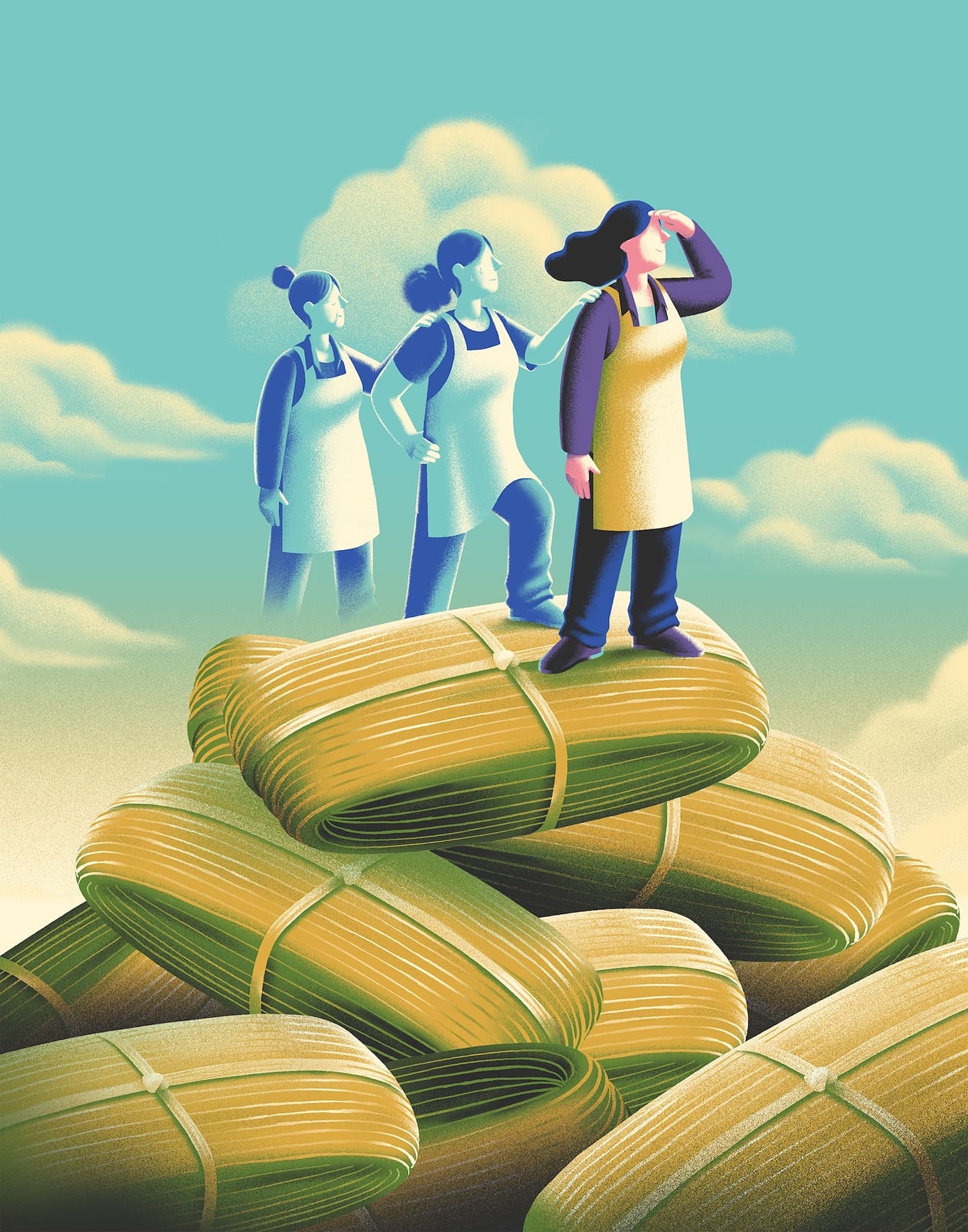 Adrián Astorgano’s Illustration for The Washington Post Uses Scale Inversion to Elevate Three Generations of Chefs